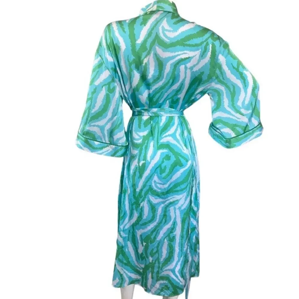 New Diane Von Furstenberg Women's Long Satin Disco Zebra Green Robe XS
